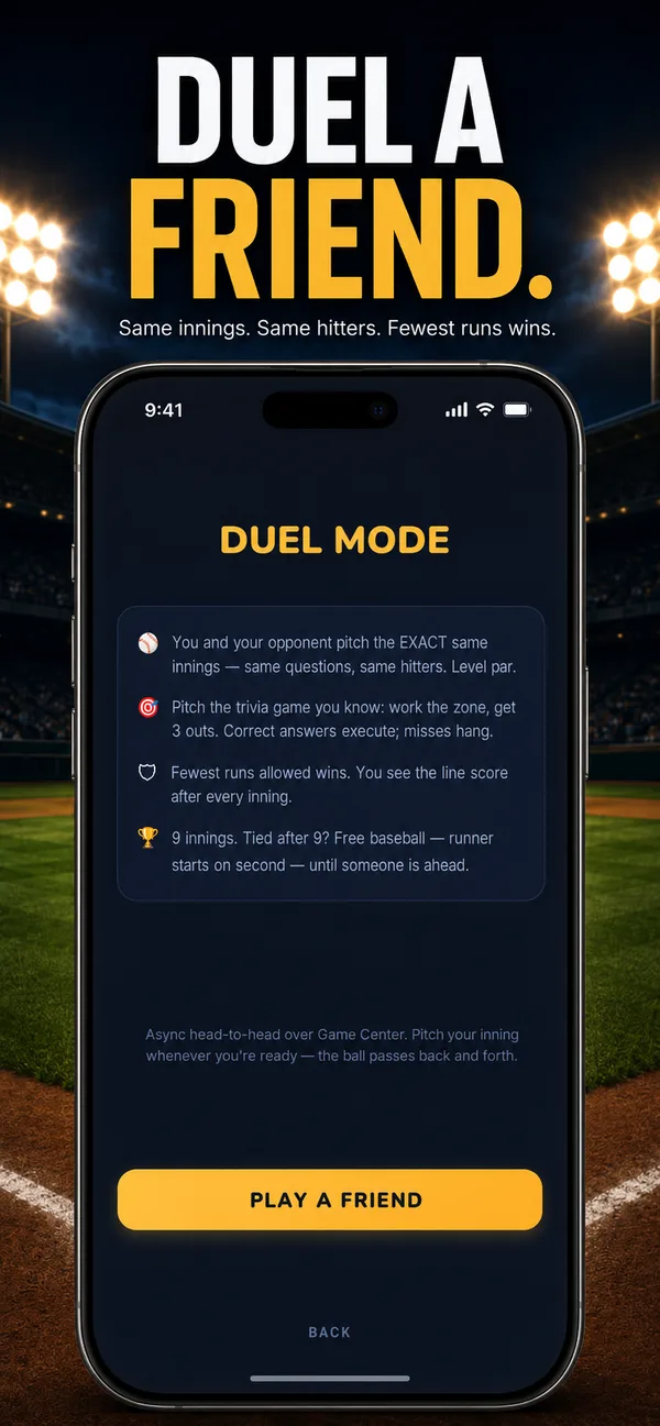 Duel a friend in Lights Out Trivia — same innings, same hitters, fewest runs wins