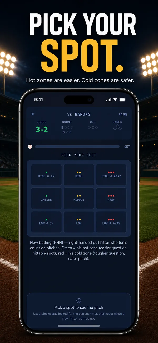 Pick your spot in the 3x3 strike zone — hot zones are easier, cold zones are safer